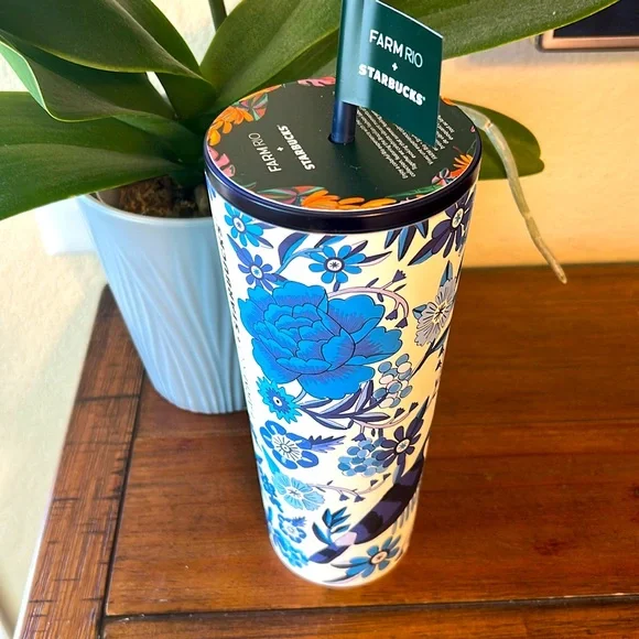 NWT Starbucks Farm Rio Limited Edition Blue & White Tropical Print Tumbl… - Picture 8 of 8